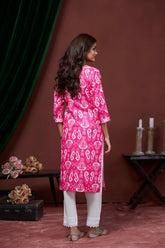 Women's Cotton Linen Pink Printed embellished Kurti-AVT-S2061-Pink